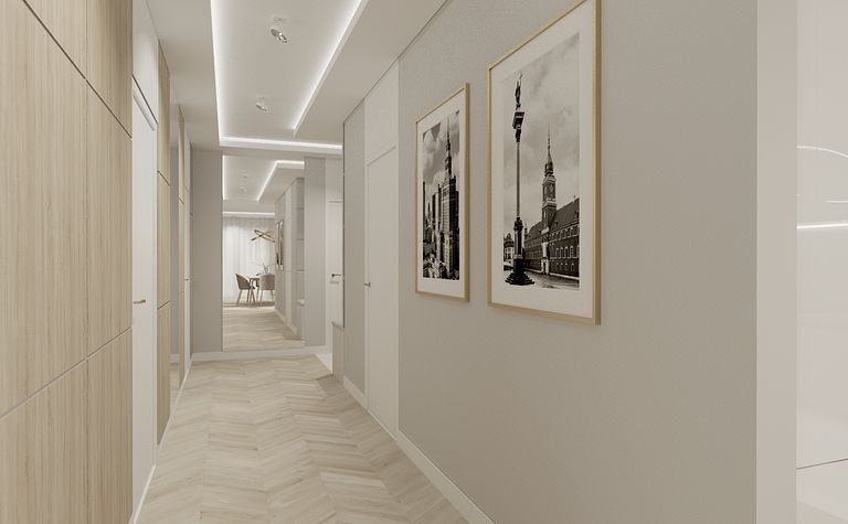 Przedpokój w stylu minimaluxe z nowoczesnymi akcentami i skandynawskim wystrojem.