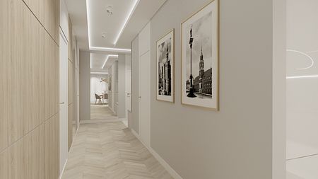 Przedpokój w stylu minimaluxe z nowoczesnymi akcentami i skandynawskim wystrojem.