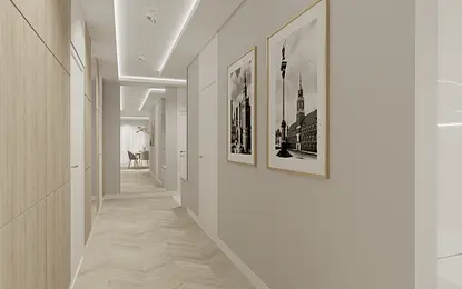 Przedpokój w stylu minimaluxe z nowoczesnymi akcentami i skandynawskim wystrojem.