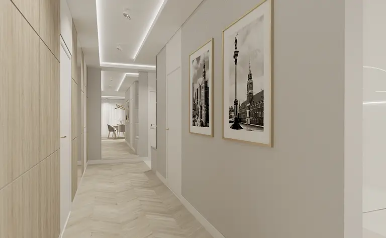 Przedpokój w stylu minimaluxe z nowoczesnymi akcentami i skandynawskim wystrojem.