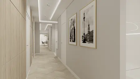 Przedpokój w stylu minimaluxe z nowoczesnymi akcentami i skandynawskim wystrojem.