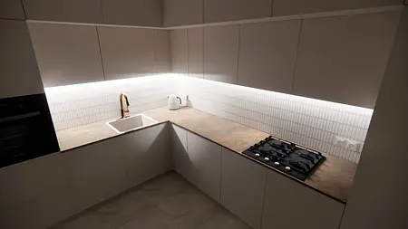 Nowoczesna kuchnia z białymi meblami, brązowym blatem i minimalistycznymi akcentami.