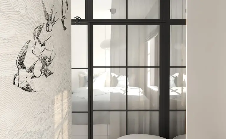 Przedpokój z nowoczesnym wystrojem, białymi detalami i szarymi akcentami.