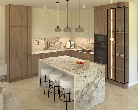 Wnętrze kuchni w stylu minimalistycznym z marmurowym blatem i drewnianymi szafkami.