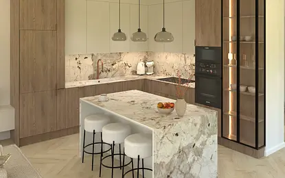 Wnętrze kuchni w stylu minimalistycznym z marmurowym blatem i drewnianymi szafkami.