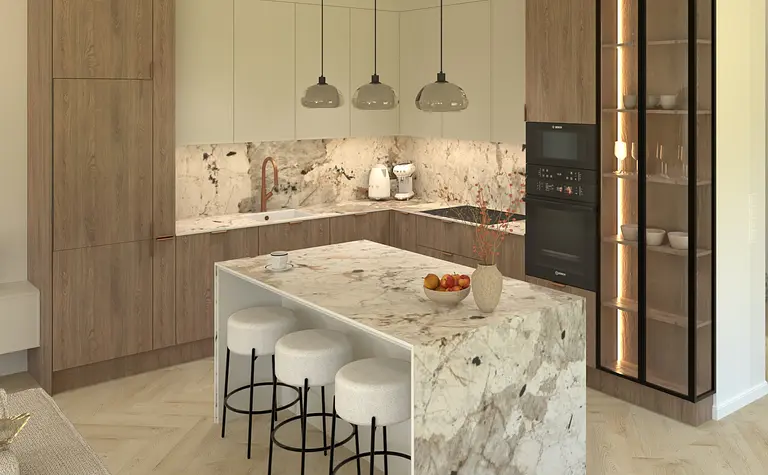 Wnętrze kuchni w stylu minimalistycznym z marmurowym blatem i drewnianymi szafkami.