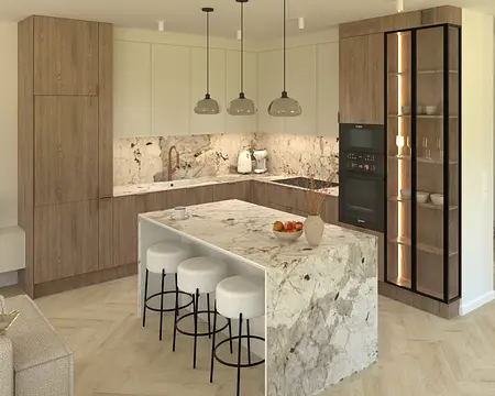 Wnętrze kuchni w stylu minimalistycznym z marmurowym blatem i drewnianymi szafkami.