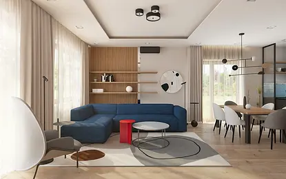 Wnętrze salonu z niebieską sofą, drewnianymi półkami, minimalistyczne akcenty.