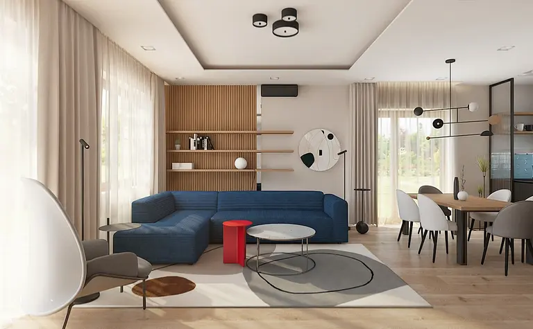 Wnętrze salonu z niebieską sofą, drewnianymi półkami, minimalistyczne akcenty.