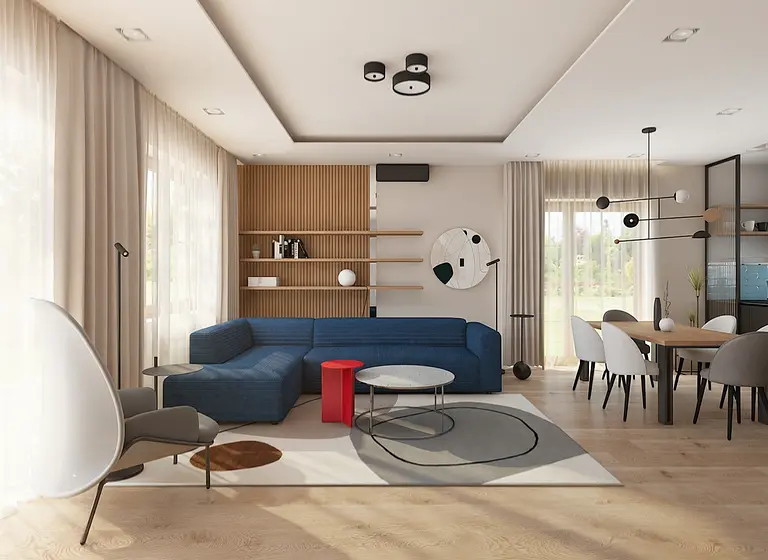 Wnętrze salonu z niebieską sofą, drewnianymi półkami, minimalistyczne akcenty.