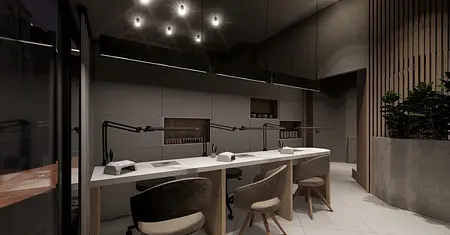 Biuro w stylu boho, japandi i minimalistycznym z jasnym biurkiem.
