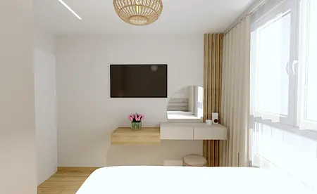 Współczesna sypialnia z drewnianym blatem, telewizorem i kwiatami