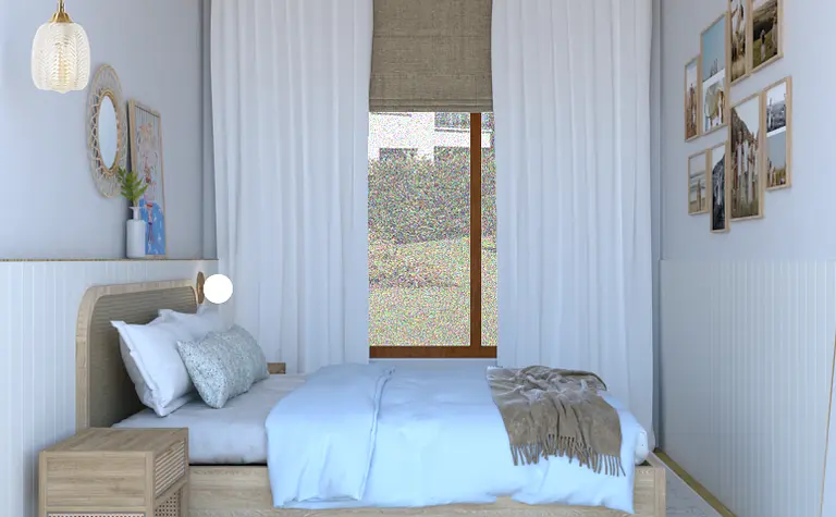 Wnętrze sypialni w stylu boho i skandynawskim z jasnymi akcentami.