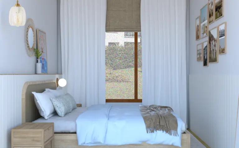 Wnętrze sypialni w stylu boho i skandynawskim z jasnymi akcentami.