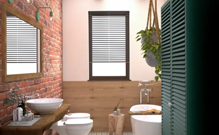 Wnętrze łazienki w stylu boho z ceglaną ścianą i wanną