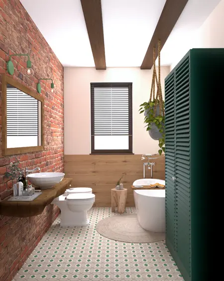 Wnętrze łazienki w stylu boho z ceglaną ścianą i wanną