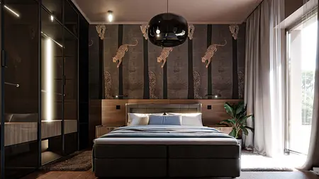 Wnętrze sypialni z nowoczesnym designem, soft minimalizm, współczesne akcenty.