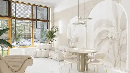 Wnętrze salonu w stylu minimalistycznym z jasnymi meblami i roślinnymi dekoracjami.