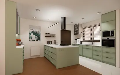 Kuchnia minimalistyczna z zielonymi meblami i nowoczesnymi akcesoriami.