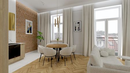 Wnętrze jadalni z drewnianym stołem, jasnymi krzesłami i ceglaną ścianą w stylu quiet luxury.