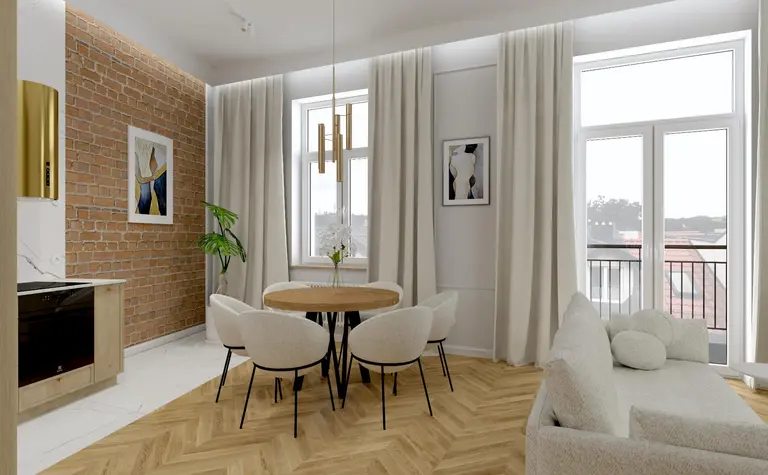 Wnętrze jadalni z drewnianym stołem, jasnymi krzesłami i ceglaną ścianą w stylu quiet luxury.
