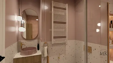 Nowoczesna łazienka z różowymi ścianami, drewnianymi meblami i eleganckimi dodatkami.