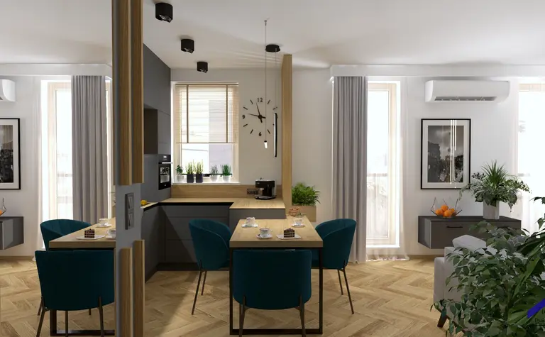 Wnętrze kuchni z drewnianym blatem, niebieskimi krzesłami i roślinami, styl dopamine decor, japandi, nowoczesny, soft minimalizm, współczesny