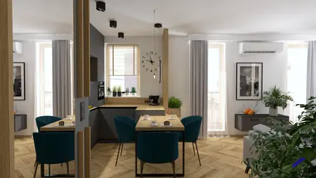 Wnętrze kuchni z drewnianym blatem, niebieskimi krzesłami i roślinami, styl dopamine decor, japandi, nowoczesny, soft minimalizm, współczesny
