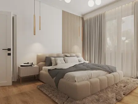 Sypialnia w stylu japandi z minimalistycznym łóżkiem, soft minimalizm, skandynawski akcent.