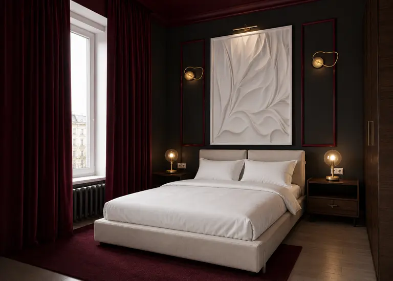 Sypialnia z białym łóżkiem, szarymi ścianami i czerwonymi zasłonami, styl quiet luxury.