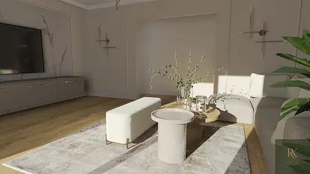 Wnętrze salonu z minimalistycznym wystrojem, nowoczesnymi meblami i współczesnymi akcentami.