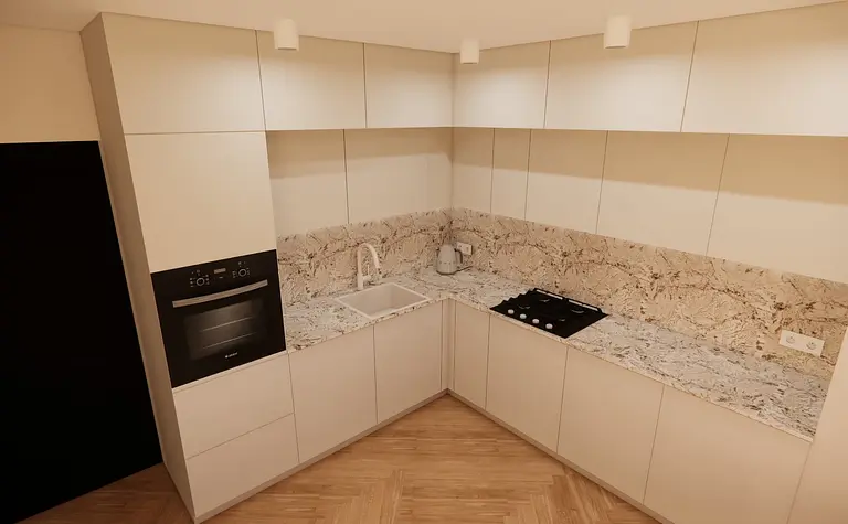 Nowoczesna kuchnia z jasnymi meblami i granitowym blatem, minimalistyczny styl.