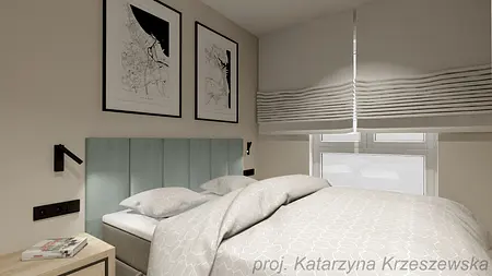 Sypialnia w stylu industrialnym, minimalistycznym, współczesnym z niebieskim wezgłowiem.