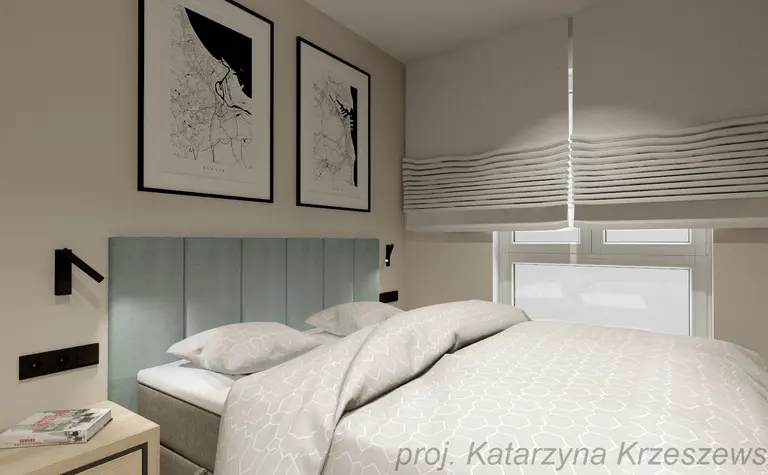 Sypialnia w stylu industrialnym, minimalistycznym, współczesnym z niebieskim wezgłowiem.