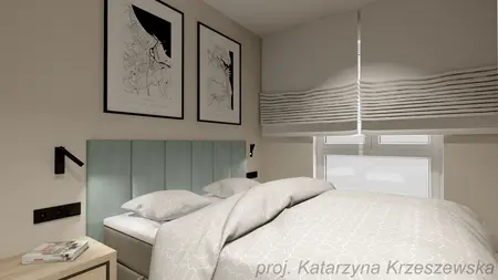 Sypialnia w stylu industrialnym, minimalistycznym, współczesnym z niebieskim wezgłowiem.