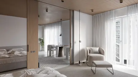 Wnętrze w stylu boho, eklektycznym, japandi, minimalistycznym, nowoczesnym z jasnymi meblami.