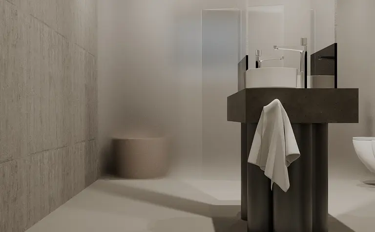 Wnętrze łazienki z betonową umywalką i minimalistycznym designem, industrialne akcenty.