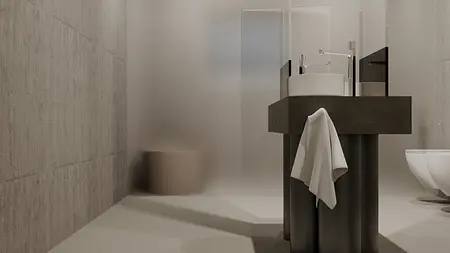 Wnętrze łazienki z betonową umywalką i minimalistycznym designem, industrialne akcenty.