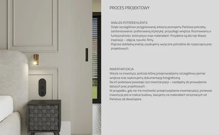 Współczesne wnętrze z jasnym łóżkiem i szafką nocną