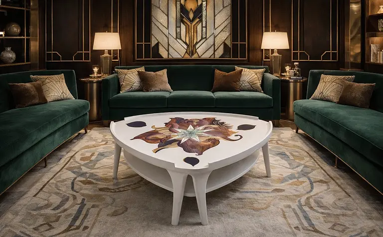 Wnętrze salonu z zielonymi sofami, okrągłym stołem i eleganckim oświetleniem w stylu art deco.