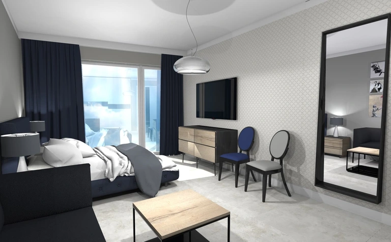 Wnętrze nowoczesnego pokoju z szarymi i niebieskimi akcentami, elementy dopamine decor, industrialny, japandi.