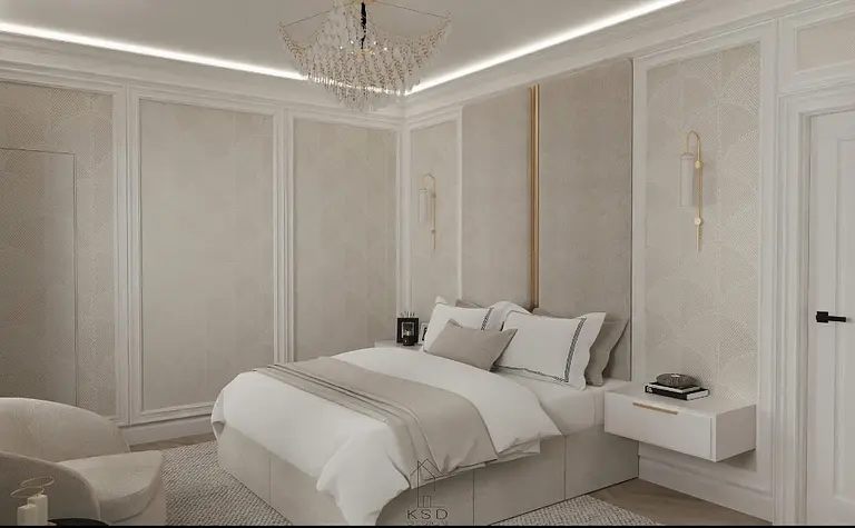 Sypialnia w nowoczesnym stylu z białym łóżkiem i eleganckimi akcentami.