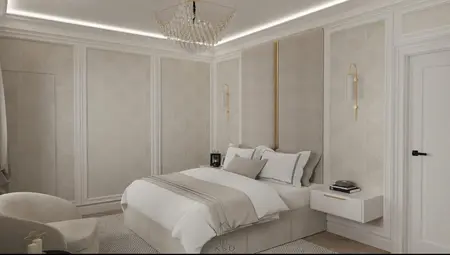 Sypialnia w nowoczesnym stylu z białym łóżkiem i eleganckimi akcentami.