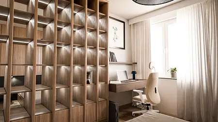 Wnętrze gabinetu z minimalistycznym designem, drewniane półki i nowoczesne meble.