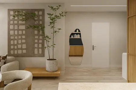 Wnętrze w stylu japandi z drewnianym stołem i rośliną