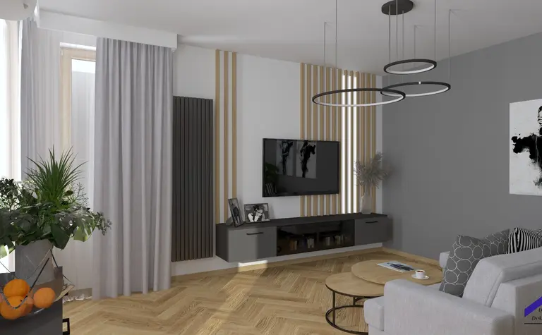 Wnętrze salonu z szarymi ścianami, drewnianą podłogą, roślinami i nowoczesnymi meblami.