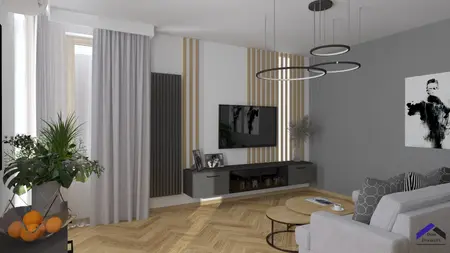 Wnętrze salonu z szarymi ścianami, drewnianą podłogą, roślinami i nowoczesnymi meblami.