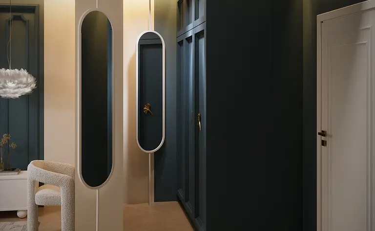 Przedpokój w stylu boho, eklektycznym i glamour z lustrem i drewnianą podłogą.