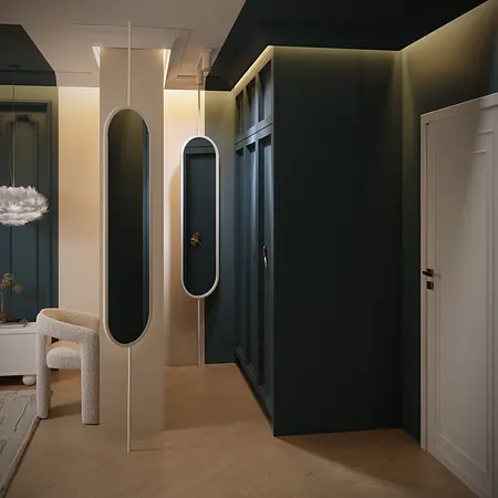Przedpokój w stylu boho, eklektycznym i glamour z lustrem i drewnianą podłogą.