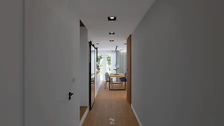 Korytarz w stylu minimalistycznym z drewnianą podłogą i nowoczesnym oświetleniem.